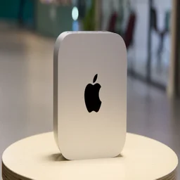 The Mac mini (2024) pictured on a small stool in an office environment
